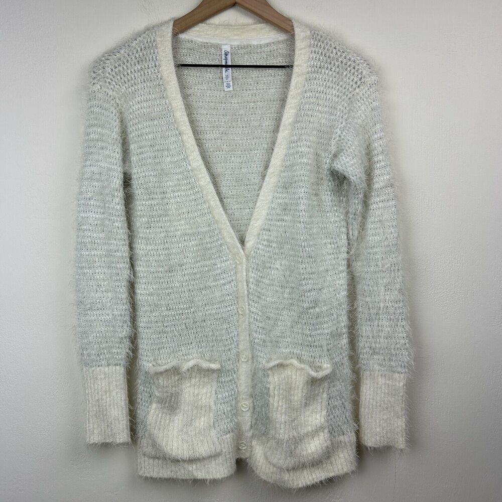 Aeropostale Cardigan Sweater Womens Medium Cream Silver Eyelash Chunky Ladies